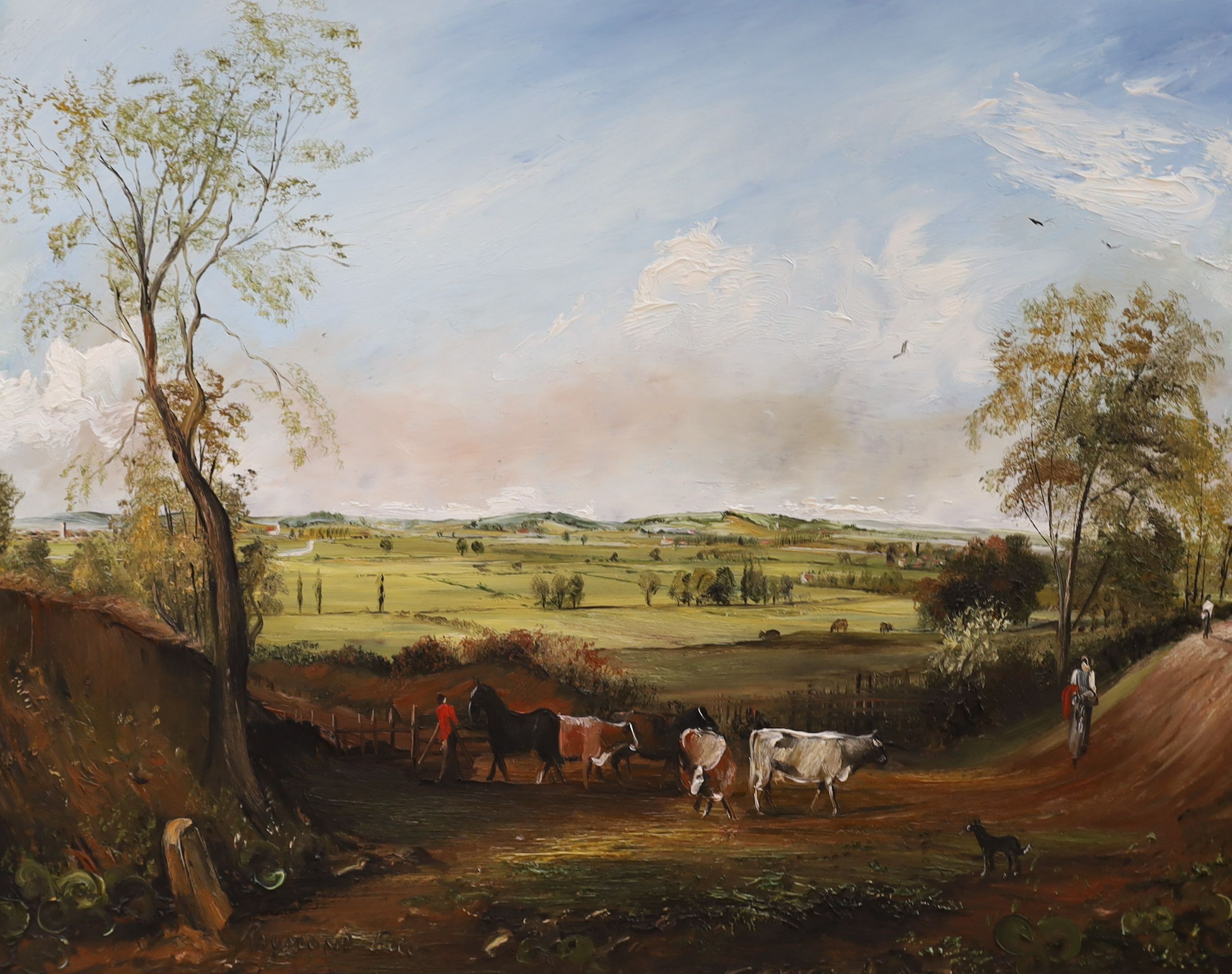 Raymond Price (20th century), four oils on board, Landscape after Constable, Beach scene, Salisbury Cathedral and Cattle on a lane, signed, largest 72 x 56cm